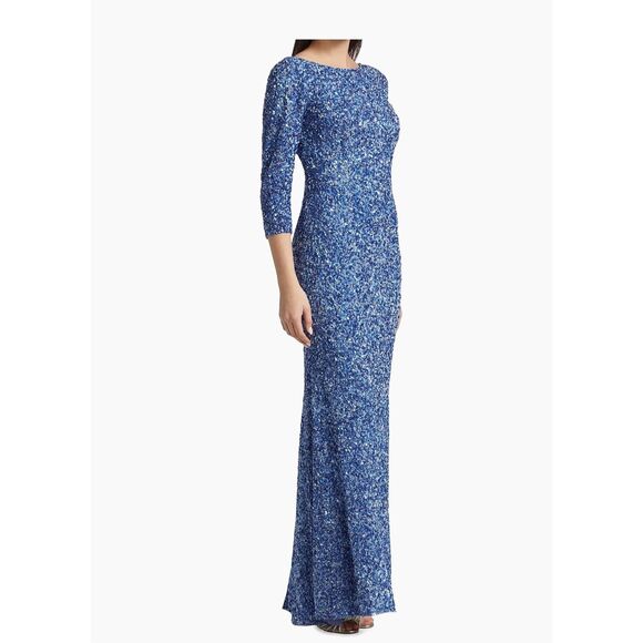 THEIA Three-Quarter Sleeve Sequin Sheath Gown US Size 6 $1400 - Picture 4 of 15